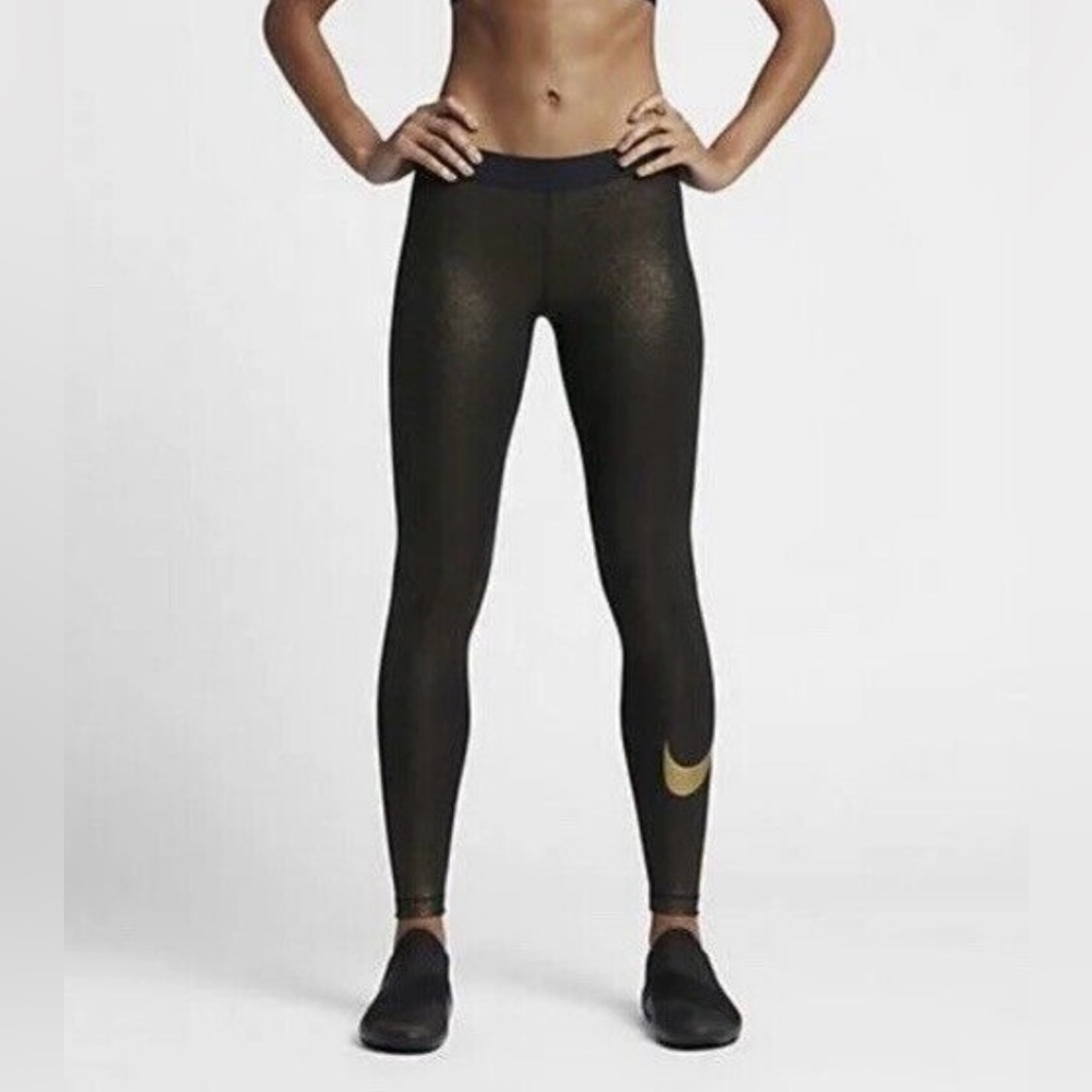 Nike Pro Black Gold Sparkle Leggings Running Size Medium